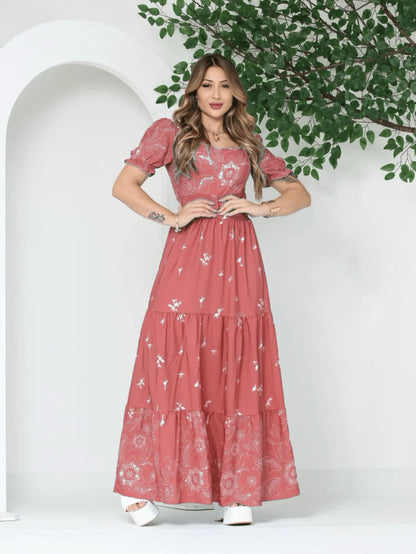 Vestido Elegante Longo Feminino Estampado com Manga Curta