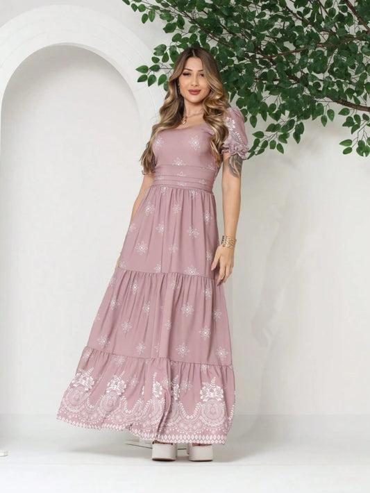 Vestido Elegante Longo Feminino Estampado com Manga Curta