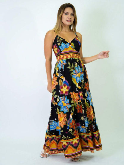 Vestido Longo Estampado Feminino com Lastex e Bojo em Viscolinho