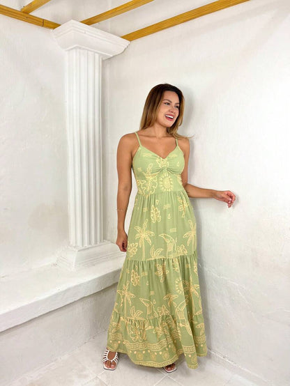 Vestido Longo Estampado Feminino com Lastex e Bojo em Viscolinho