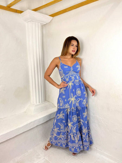Vestido Longo Estampado Feminino com Lastex e Bojo em Viscolinho