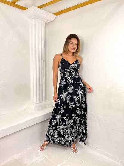 Vestido Longo Estampado Feminino com Lastex e Bojo em Viscolinho
