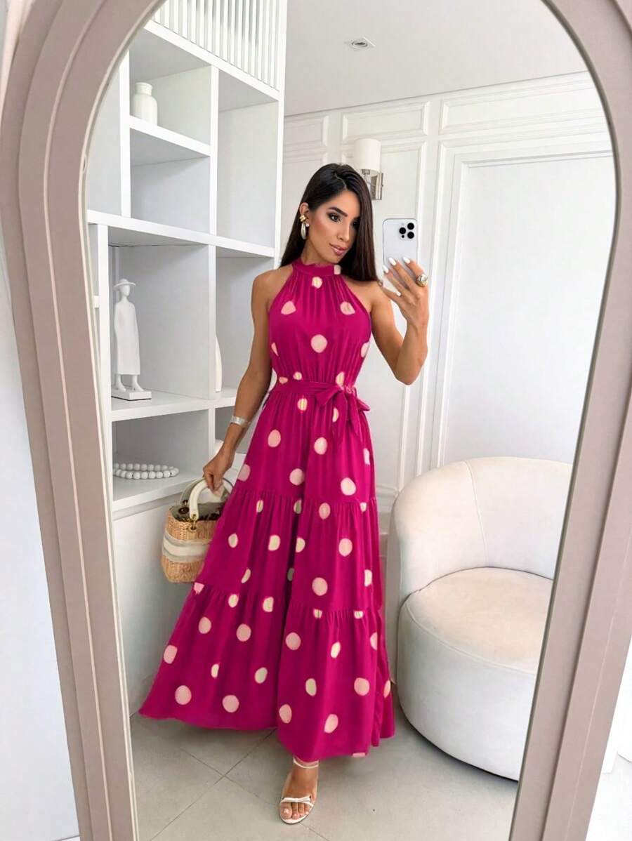 Vestido Feminino Longo Gola Alta com Cinto - Estampa Bolinhas