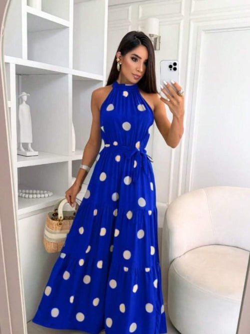 Vestido Feminino Longo Gola Alta com Cinto - Estampa Bolinhas