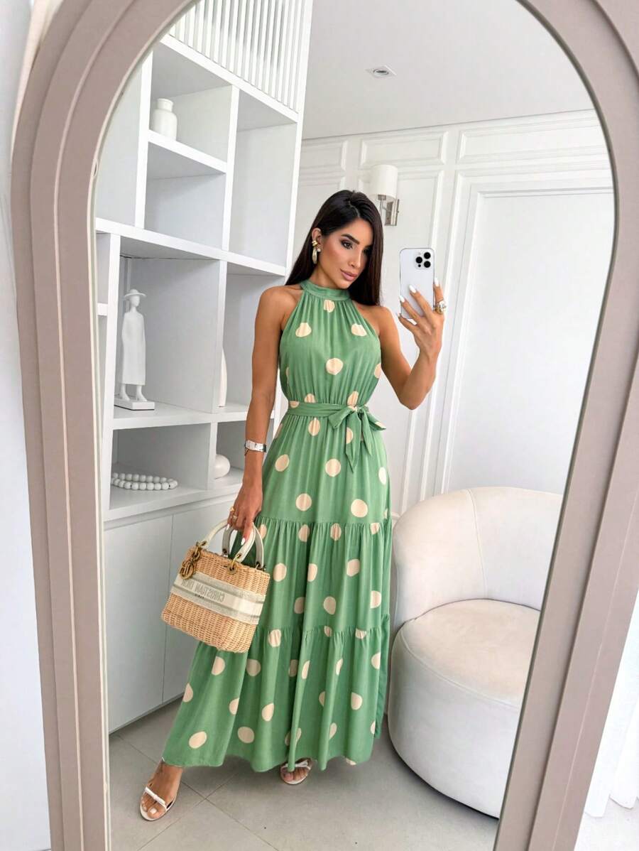 Vestido Feminino Longo Gola Alta com Cinto - Estampa Bolinhas