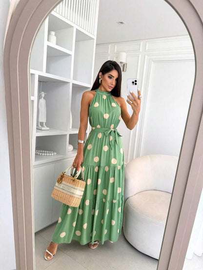 Vestido Feminino Longo Gola Alta com Cinto - Estampa Bolinhas