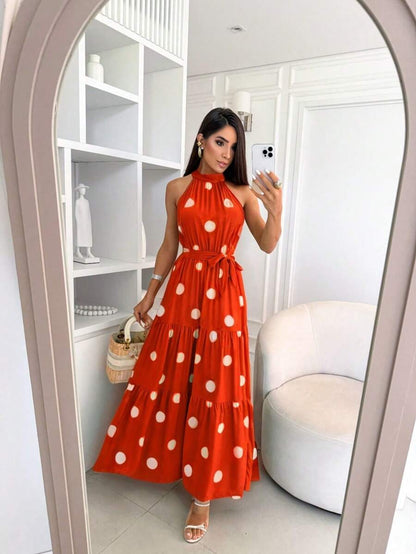 Vestido Feminino Longo Gola Alta com Cinto - Estampa Bolinhas