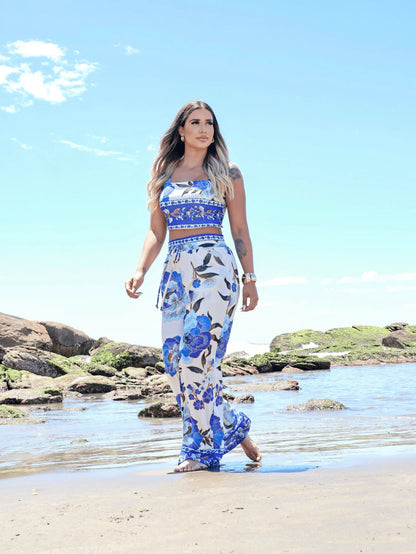 Conjunto Feminino Calça Pantalona e Cropped Estampado