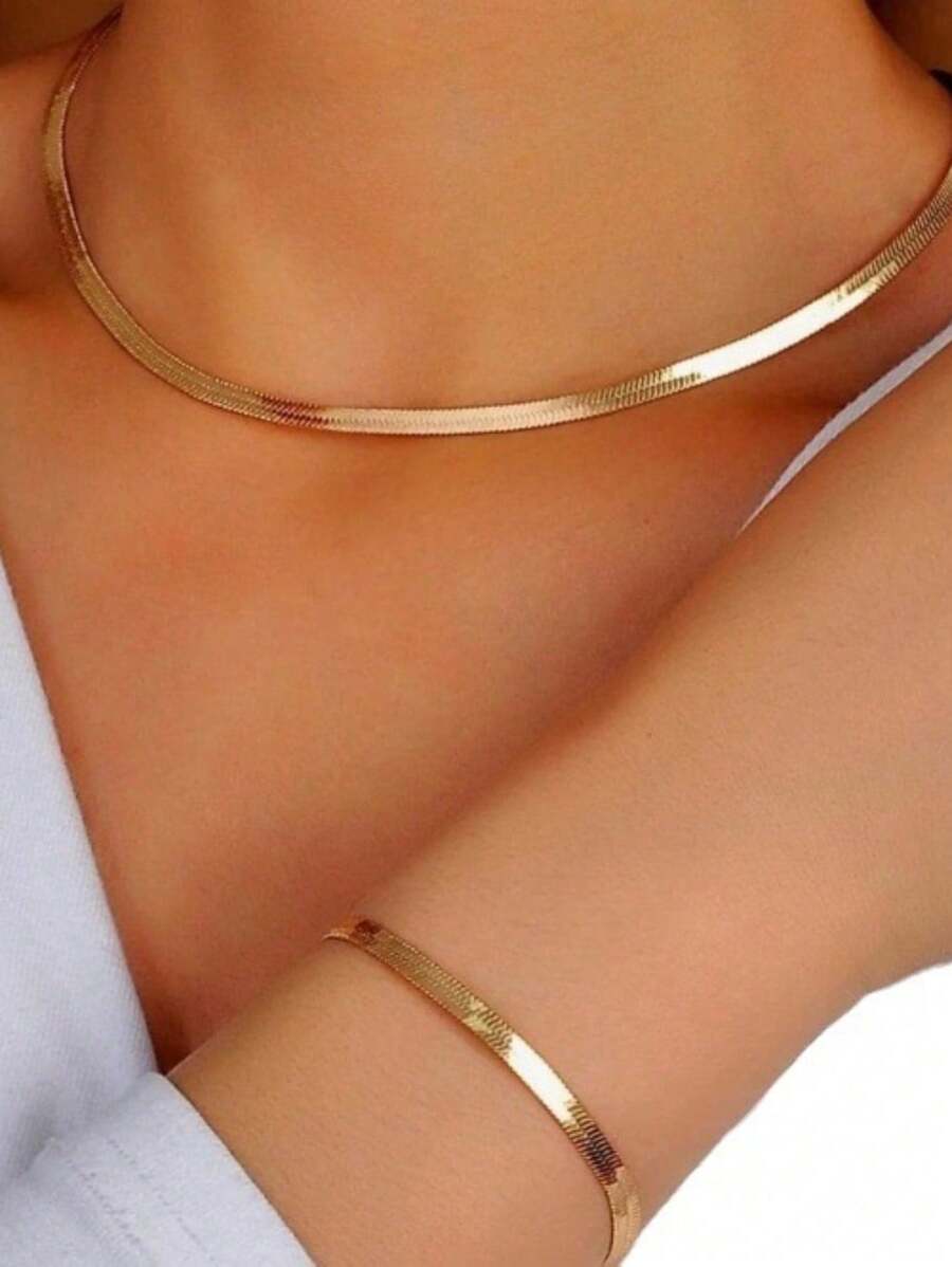 Kit Conjunto Colar Laminado e Pulseira Banhados a Ouro 18k e Prata 925