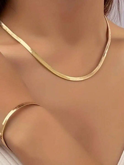 Kit Conjunto Colar Laminado e Pulseira Banhados a Ouro 18k e Prata 925