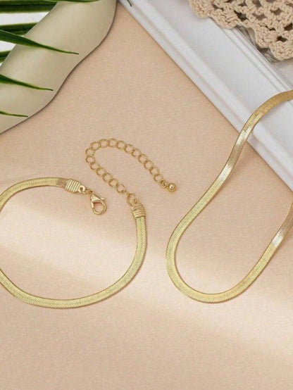 Kit Conjunto Colar Laminado e Pulseira Banhados a Ouro 18k e Prata 925