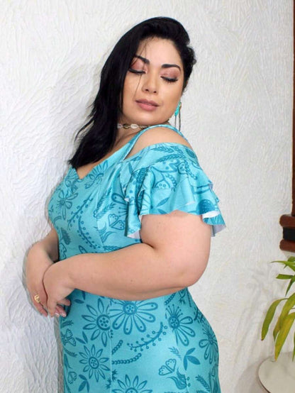 Vestido Plus Size Estampado Floral com Babado