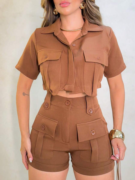 Conjunto Feminino Cropped e Short Social Alfaiataria