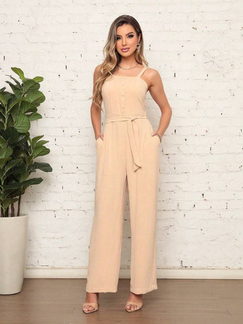 Macacão Feminino Longo com Botões Frontais e Amarração na Cintura