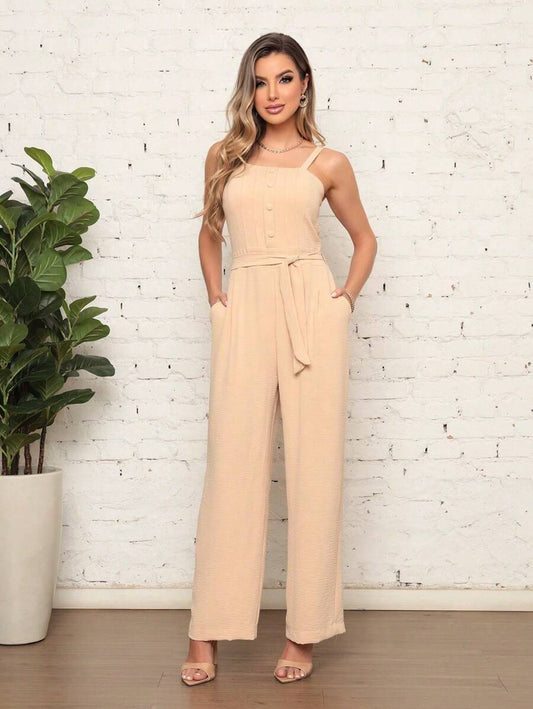 Macacão Feminino Longo com Botões Frontais e Amarração na Cintura