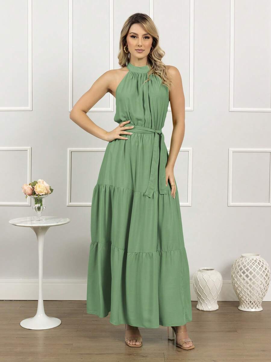Vestido Longo Feminino Liso Gola Alta Três Marias com Cinto