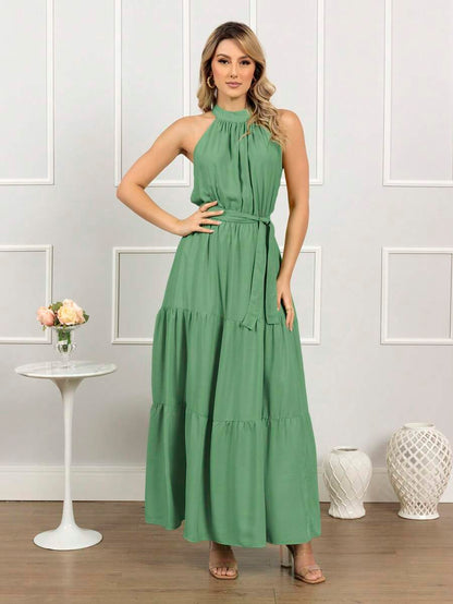 Vestido Longo Feminino Liso Gola Alta Três Marias com Cinto