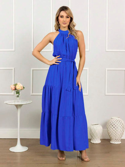 Vestido Longo Feminino Liso Gola Alta Três Marias com Cinto