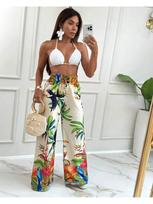 Calça Pantalona Feminina Estampada em Crepe