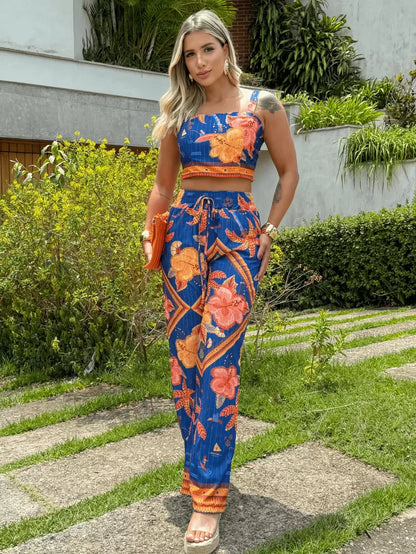 Conjunto Feminino Calça Pantalona e Cropped Estampado