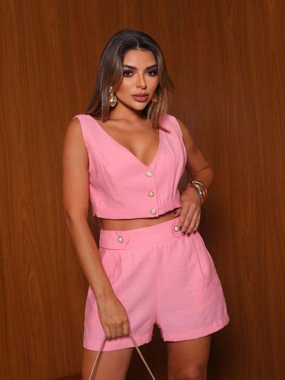 Conjunto com Botões Tecido  Premium Cropped + Short