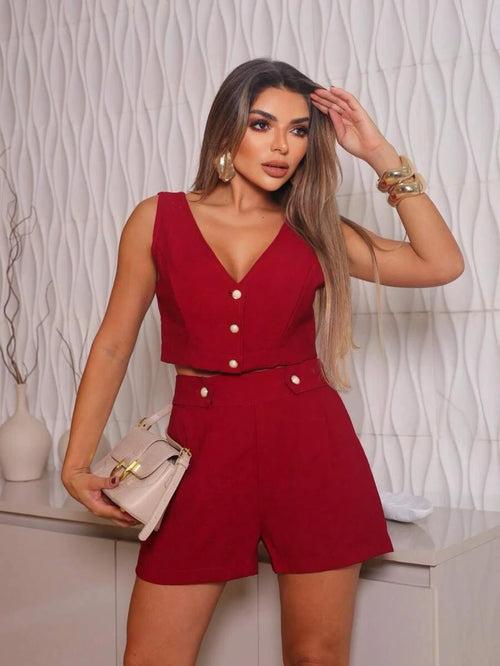 Conjunto com Botões Tecido  Premium Cropped + Short Simples Glamour