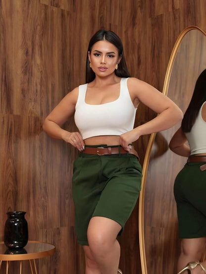 Short Alfaiataria Feminino Social Cintura Alta com Cinto e Bolso