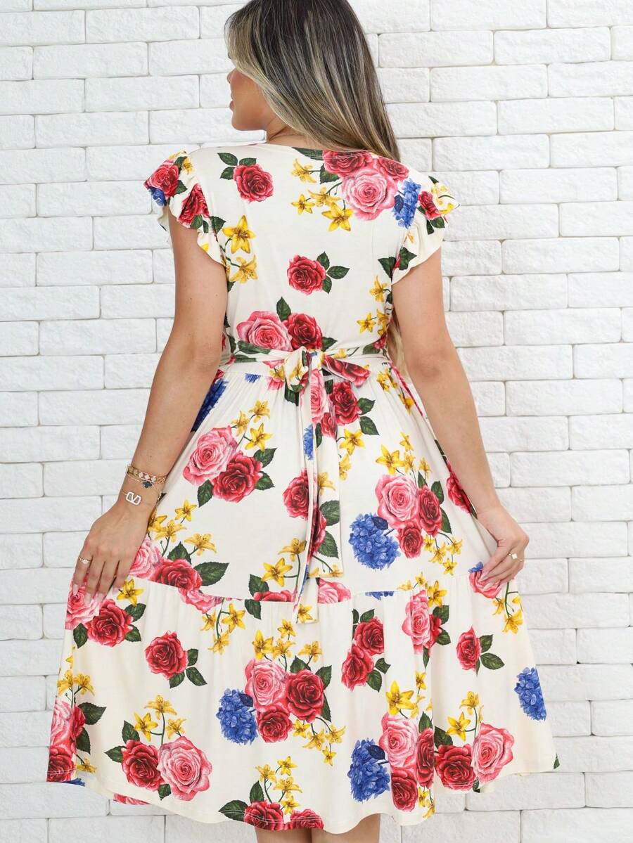 Vestido Feminino Longo com Manga Dupla e Babados