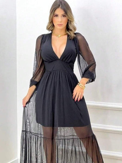 Vestido Manga Longa Decote V com Bojo e Forro nas Costas Longo