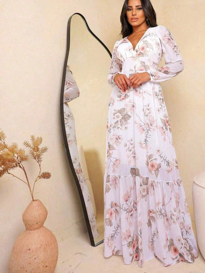 Vestido Manga Longa Decote V com Bojo e Forro nas Costas Longo