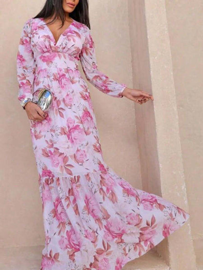 Vestido Manga Longa Decote V com Bojo e Forro nas Costas Longo