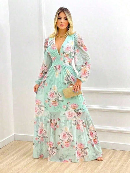 Vestido Manga Longa Decote V com Bojo e Forro nas Costas Longo