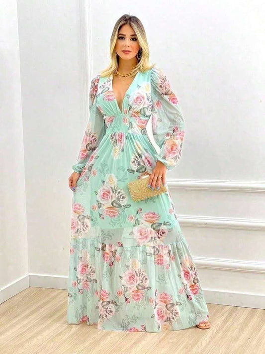 Vestido Manga Longa Decote V com Bojo e Forro nas Costas Longo