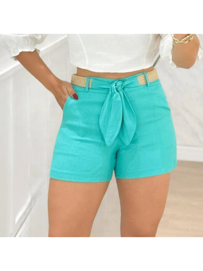 Shorts Feminino de Linho Social Curto com Cinto e Bolso Faca