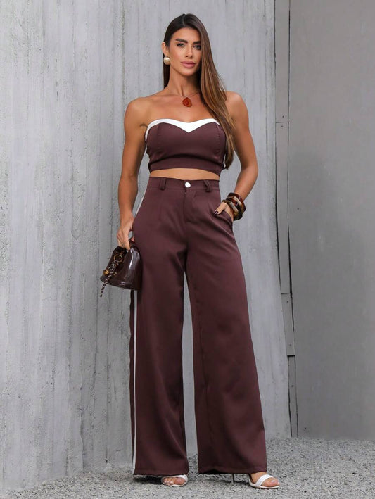 Conjunto Feminino Casual Elegante Alfaiataria Calça Pantalona e Cropped Bicolor