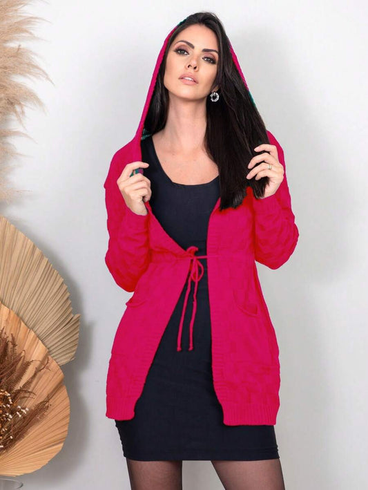 Cardigan Tricot Feminino com Capuz e Cordão