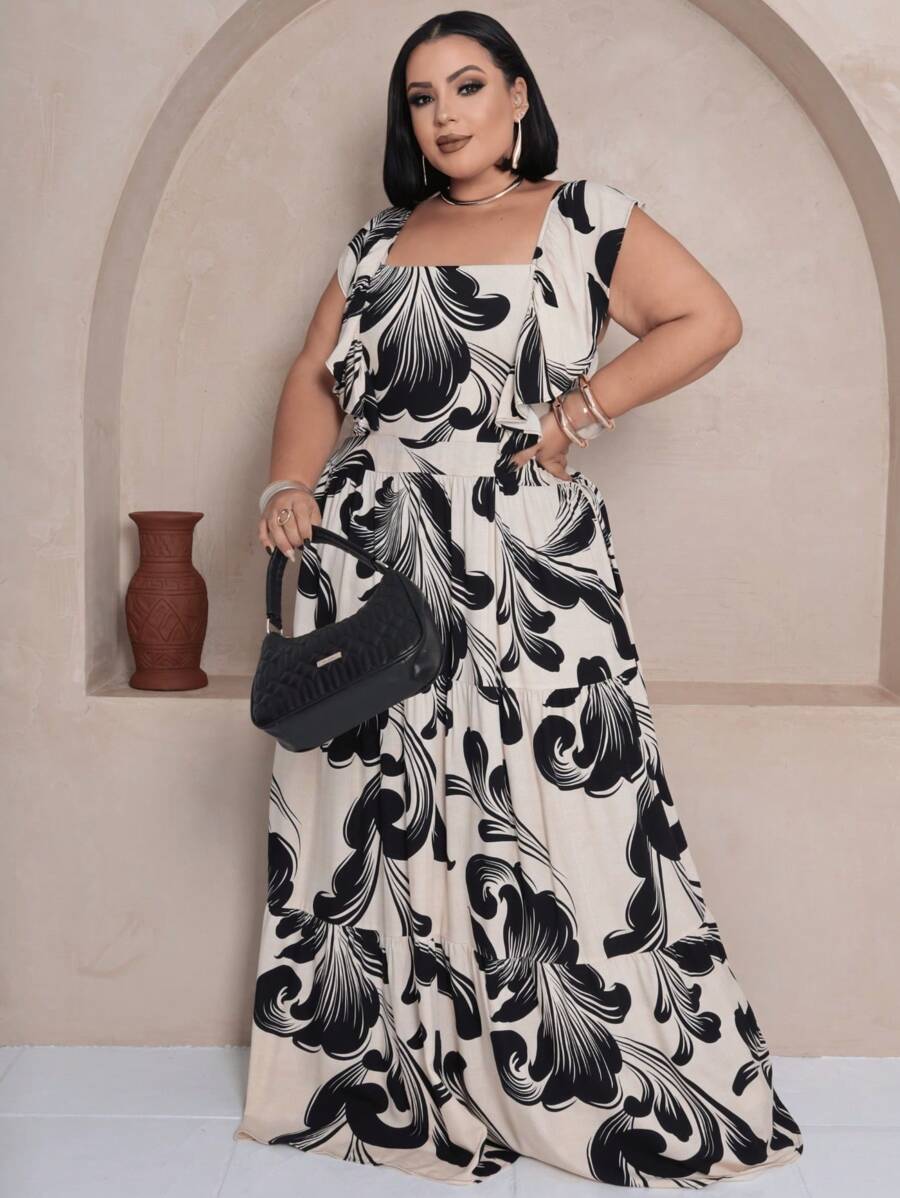 Vestido Plus Size Longo com Alça e Babado no Ombro