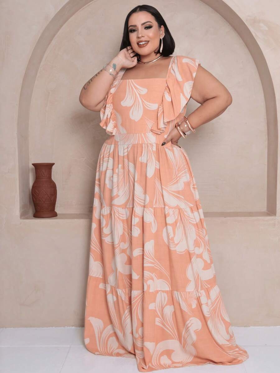 Vestido Plus Size Longo com Alça e Babado no Ombro