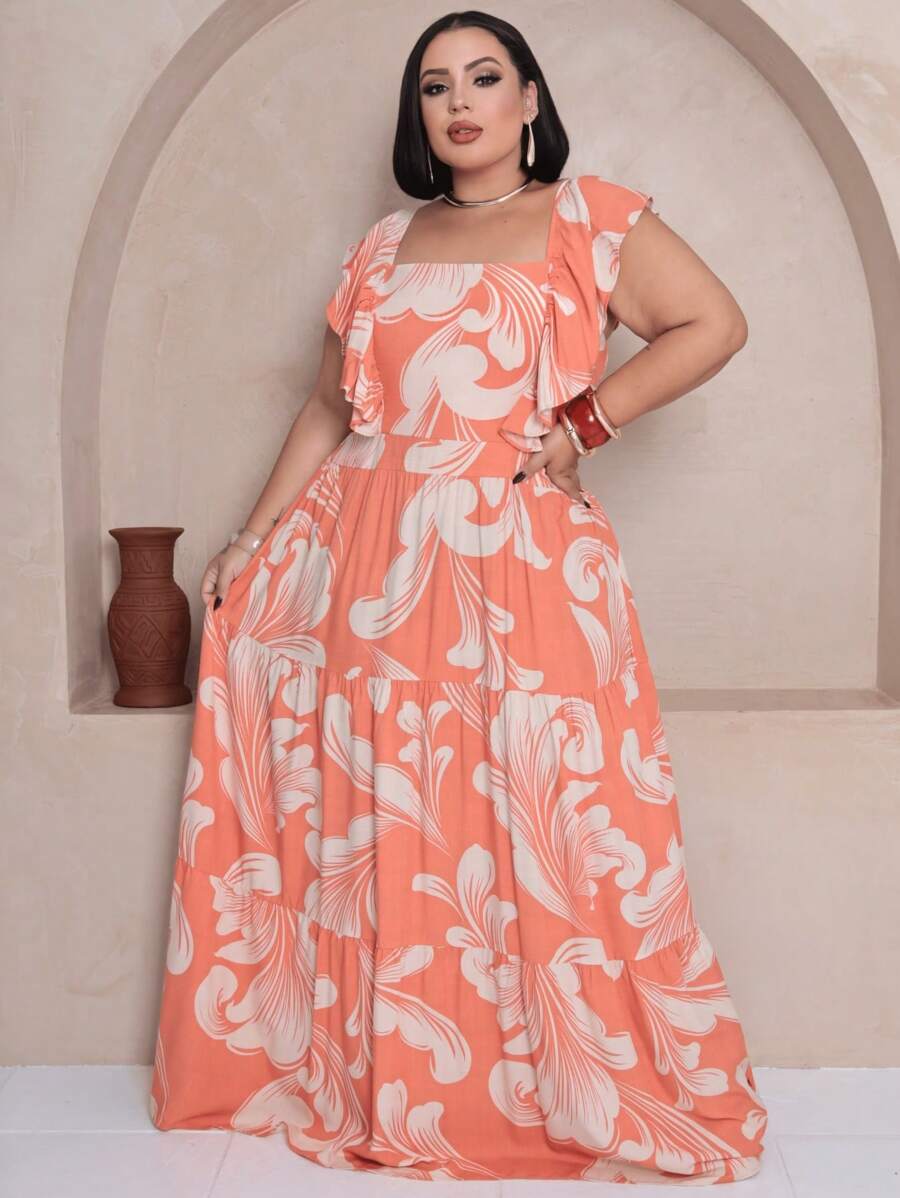 Vestido Plus Size Longo com Alça e Babado no Ombro