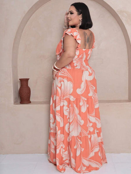 Vestido Plus Size Longo com Alça e Babado no Ombro