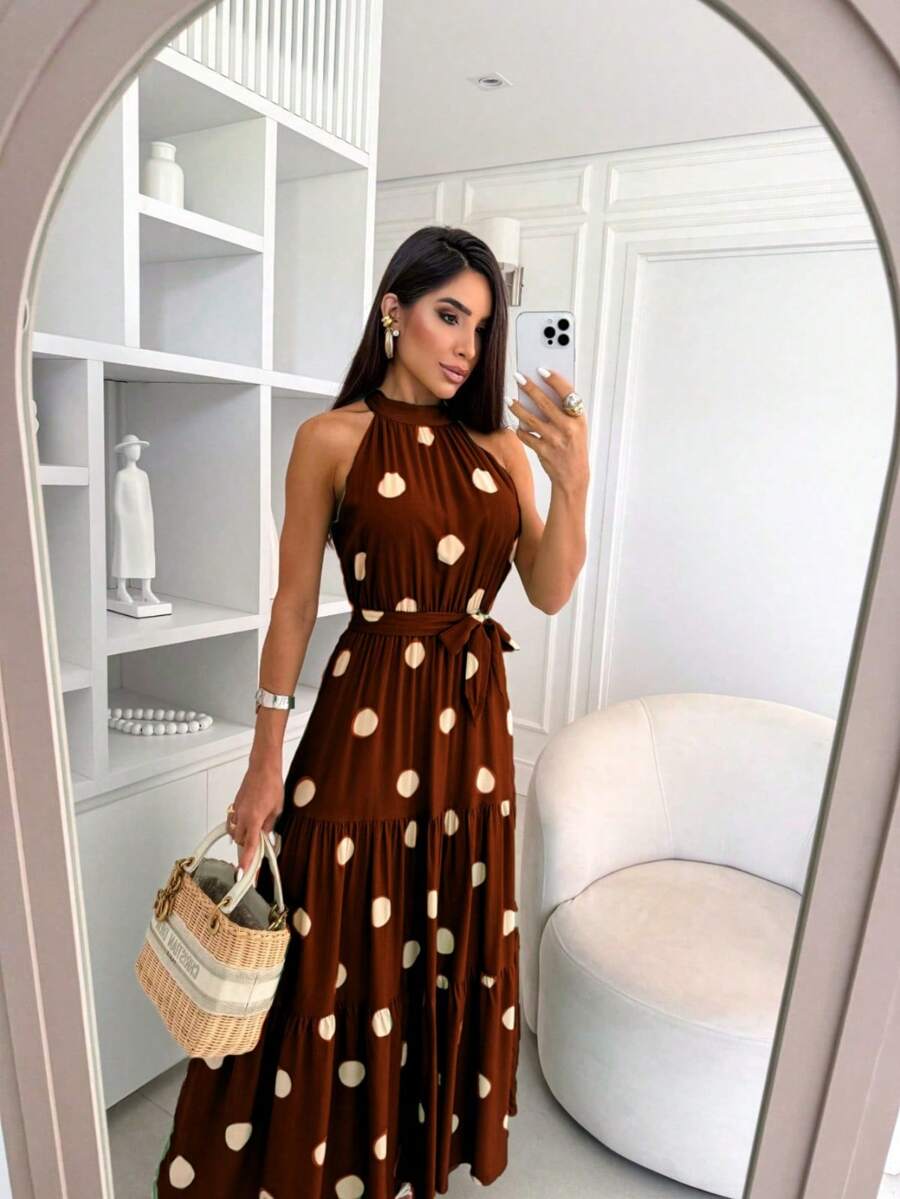 Vestido Feminino Longo Gola Alta com Cinto - Estampa Bolinhas