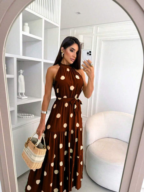 Vestido Longo Feminino com Gola Alta e Cinto – Estampa Bolinhas Elegante