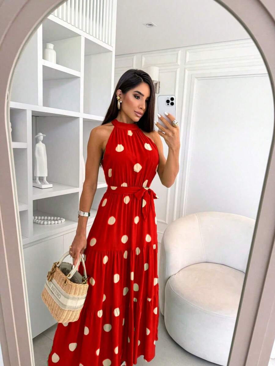 Vestido Feminino Longo Gola Alta com Cinto - Estampa Bolinhas