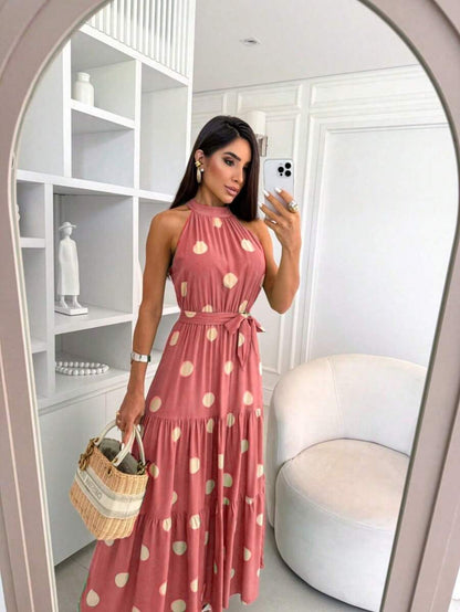 Vestido Feminino Longo Gola Alta com Cinto - Estampa Bolinhas