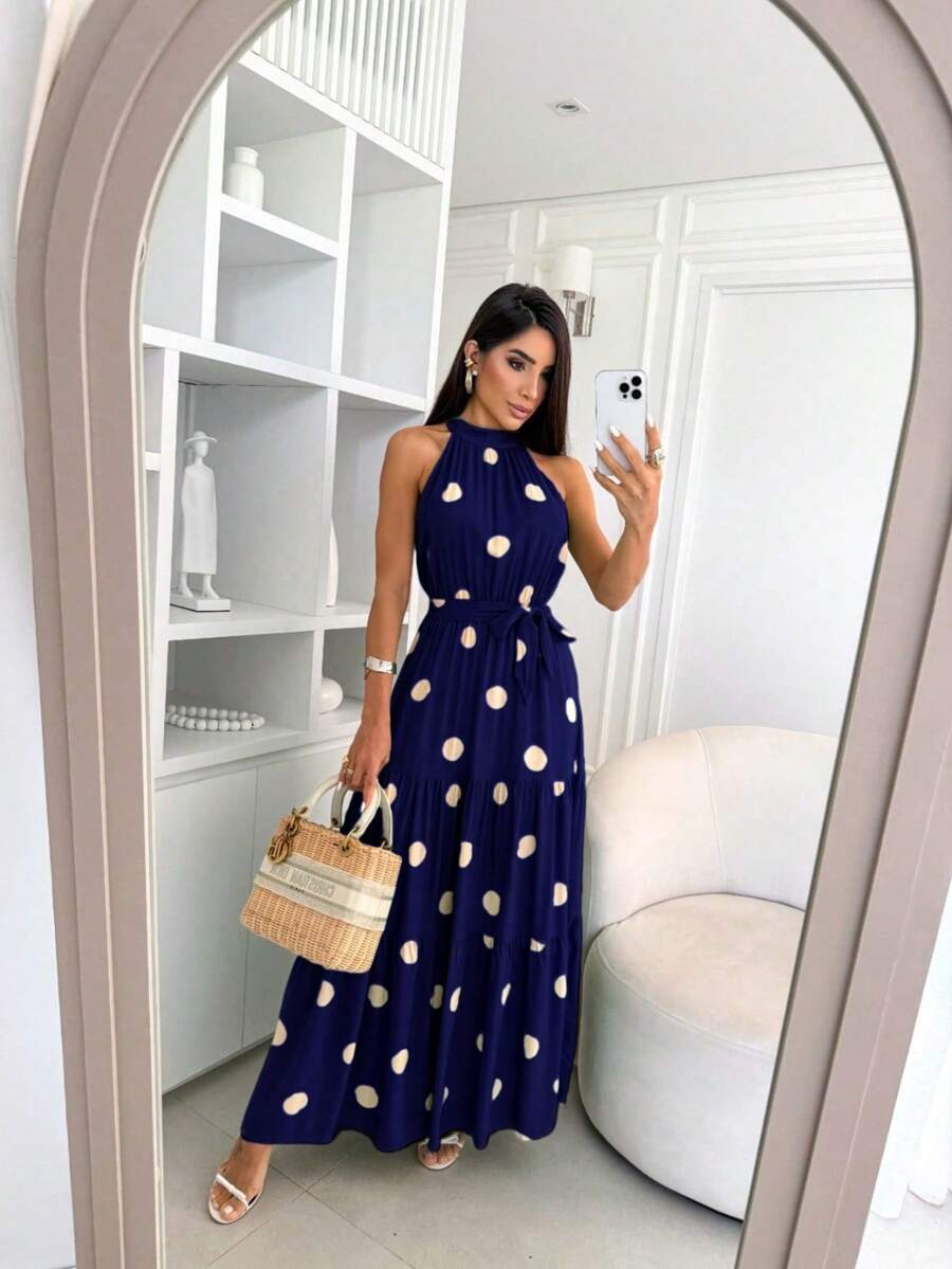 Vestido Feminino Longo Gola Alta com Cinto - Estampa Bolinhas