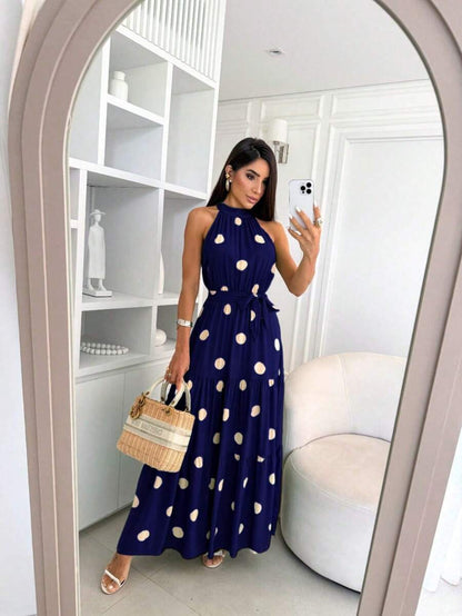 Vestido Feminino Longo Gola Alta com Cinto - Estampa Bolinhas