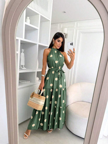 Vestido Feminino Longo Gola Alta com Cinto - Estampa Bolinhas