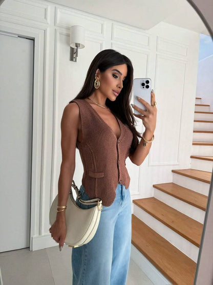 Colete Feminino Elegante em Tricot com Botões