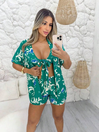 Kimono Três Peças Estampado – Cropped Solto e Confortável