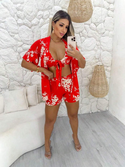 Kimono Três Peças Estampado – Cropped Solto e Confortável